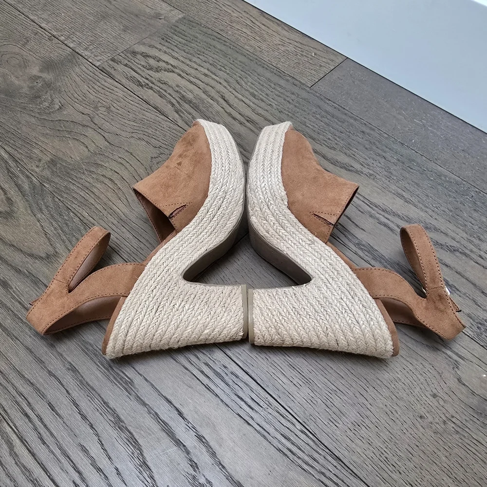 Sun + Stone Fey Platform Ankle Strap Espadrille Block Heel Sandal in Cognac